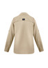 A tan women's outdoor long sleeve button-up shirt with a back yoke and a brand logo.