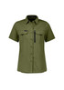 A women's outdoor short sleeve shirt in olive green with two chest pockets and a zip pocket, featuring a logo.