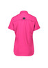 A women's outdoor short sleeve shirt in bright pink, featuring a logo on the back.