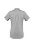 A light grey women's short sleeve work shirt with a collar and a logo on the back.