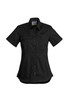 A black lightweight short sleeve shirt featuring a button-up front and chest pocket, with a logo on the label.