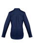 A women's long sleeve shirt in navy blue, featuring a structured design and a back pleat. It has brand logos.
