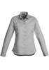 A women's lightweight long sleeve shirt in light grey with a button-up front and chest pocket, featuring a logo.