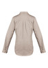 A women's lightweight long sleeve shirt in beige, featuring a back pleat and buttoned sleeves. It has a logo on the collar.