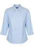 A light blue button-up shirt with long sleeves and a collar. Features a logo on the side.