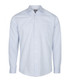 A light blue button-up shirt with a striped pattern and a single chest pocket. It features a logo on the label.