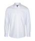 A white button-up shirt with long sleeves and a single pocket on the left side. It has a collar and a logo.