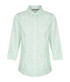 A light green shirt with a collar and three-quarter sleeves, featuring buttons down the front and a logo on the label.