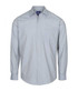 A light blue button-up shirt with long sleeves and a chest pocket. It features a branding logo on the collar.