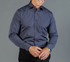 A navy blue button-up shirt with a collar, long sleeves, and a single chest pocket. Features a logo.