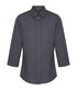 A button-up shirt in dark grey with a pointed collar and long sleeves, featuring a logo on the chest.