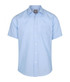 A light blue button-up shirt with a single chest pocket, featuring short sleeves and a neat collar.