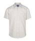 A light grey button-up shirt with a single chest pocket and a logo on the collar.