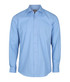 A light blue button-up shirt with a single chest pocket and a collar, featuring a logo on the tag.