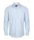 A light blue button-up shirt with long sleeves and a chest pocket. It features a collar and a brand logo on the neckline.