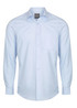 A light blue button-up shirt with long sleeves and a chest pocket. It features a collar and a brand logo on the neckline.