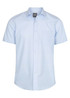 A light blue button-up shirt with short sleeves and a chest pocket, featuring a branding tag.