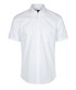 A white button-up shirt made from poplin fabric featuring a chest pocket and a collar. It has a logo present.