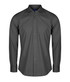 A dark grey button-up shirt with long sleeves and a collar, featuring a subtle logo.
