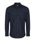 A button-up shirt in a dark navy colour with a slim fit and long sleeves, featuring a branded label.