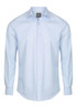 A light blue button-up shirt with long sleeves and a collar, featuring a branding logo on the label.