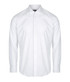 A white button-up shirt with long sleeves and a collar, featuring a logo on the chest.