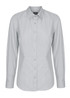 A light grey button-up shirt with long sleeves and a collar, featuring a branding logo.