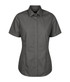 A short-sleeved button-up shirt in a dark grey colour, featuring a tailored fit and a collar. It has a logo.