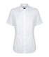 A white button-up shirt with short sleeves, featuring a collar and a fitted shape. It includes a logo.