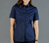 A women's short-sleeve button-up shirt in navy blue, featuring a fitted design and a collar, with a logo.