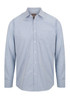 A blue and white gingham button-up shirt with long sleeves and a single chest pocket, featuring a logo.