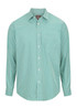 A button-up shirt in teal with white gingham patterns, featuring a chest pocket and long sleeves.