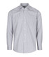 A button-up shirt in a grey and white gingham pattern with long sleeves and a pocket. It features a logo.