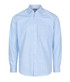 A button-up shirt in light blue with a gingham pattern and a chest pocket. Features long sleeves and a collar.