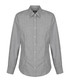 A button-up shirt in black and white gingham pattern with a classic collar and long sleeves. It has a branding logo.