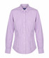 A button-up shirt in a purple and white gingham pattern, featuring a collar and long sleeves. It has a logo.