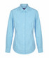 A button-up shirt in light blue gingham pattern with long sleeves and a collar, featuring a logo.