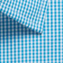 A close-up of a button-up shirt featuring a blue and white gingham pattern with a collar.