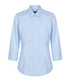 A light blue button-up shirt featuring a gingham pattern and three-quarter sleeves. It includes a logo on the collar.