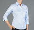 A light blue button-up shirt with three-quarter sleeves, featuring a subtle sheen and a branding logo.