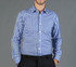 A button-up shirt featuring a blue and white gingham pattern, with a fitted design and long sleeves.