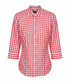 A red and white checkered button-up shirt with three-quarter sleeves and a collar. It has a logo on the chest.