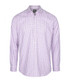 A button-up shirt featuring a purple and white check pattern, with a collar and long sleeves. It has a logo.