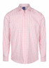 A button-up shirt featuring a red and white checkered pattern, with long sleeves and a collared neck.