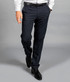Smart dark grey slacks with a tailored fit, featuring pockets and a belt, paired with shiny black shoes.