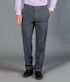 Dark grey slacks with a tailored fit, featuring side pockets and a button closure, worn with black shoes.