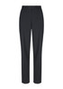 A pair of black trousers with a straight-leg cut and a fitted waistband, featuring belt loops and a button closure.