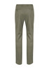 A pair of olive green chinos with a straight leg and two back pockets, featuring a subtle logo.