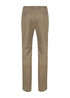 A pair of khaki chinos featuring a classic fit and back pocket details, with a small logo on the waistband.