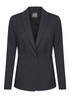 A dark grey blazer with a single button closure and a lapel collar, featuring a logo inside.